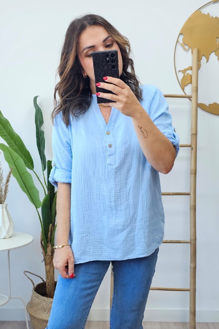 Blusa Mao Algodon Celeste