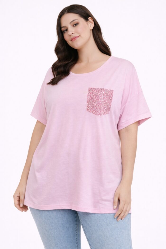Camiseta Bolsillo Strass Rosa