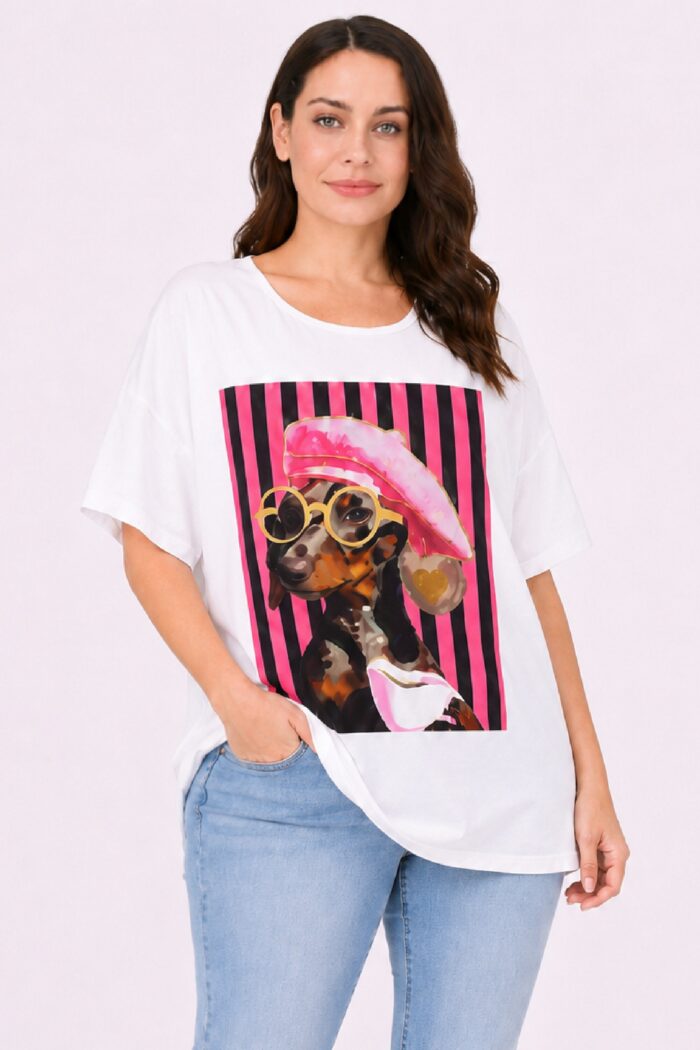 Camiseta Perro Gafas Fucsia
