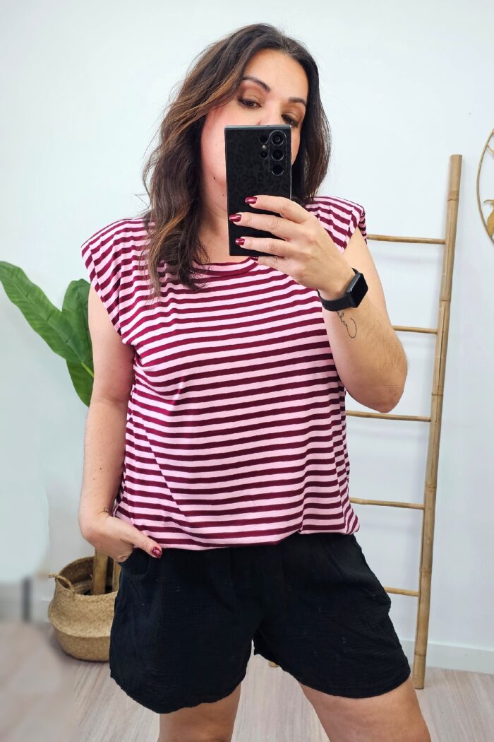 Camiseta Hombreras Rayas Rosa