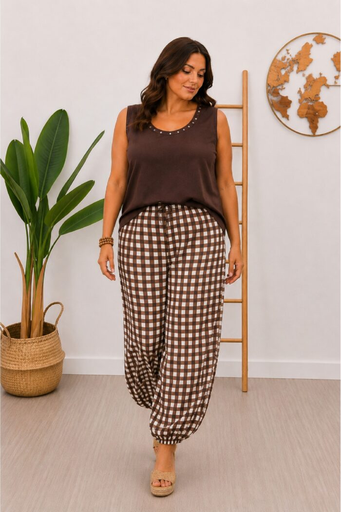 Pantalon Bombacho Cuadros Marron
