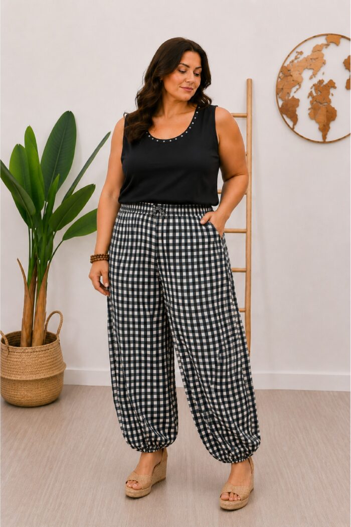 Pantalon Bombacho Cuadros Negro